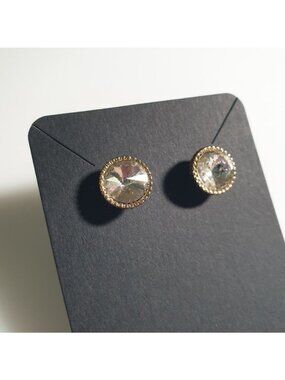 Crystal Stud Earrings Round Gold Tone Posts Rhinestone Bezel Accent Stylish Gift